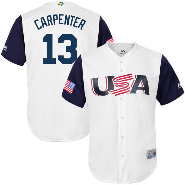 customized Men USA Baseball #13 Matt Carpenter Majestic White 2017 World Baseball Classic Replica Jersey